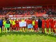 Il Varese in campo con i cartelli preparati dai bimbi ricoverati nella pediatria dell'ospedale di Circolo, a cui poi dedica la vittoria (foto Ezio Macchi)