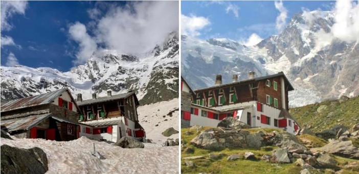 DOUBLE FACE Il mitico rifugio Zamboni Zappa con la neve e senza: è situato a 2070 metri nella suggestiva conca prativa dell’Alpe Pedriola, ai piedi della parete est del Monte Rosa (4635m) nel comune Walser di Macugnaga